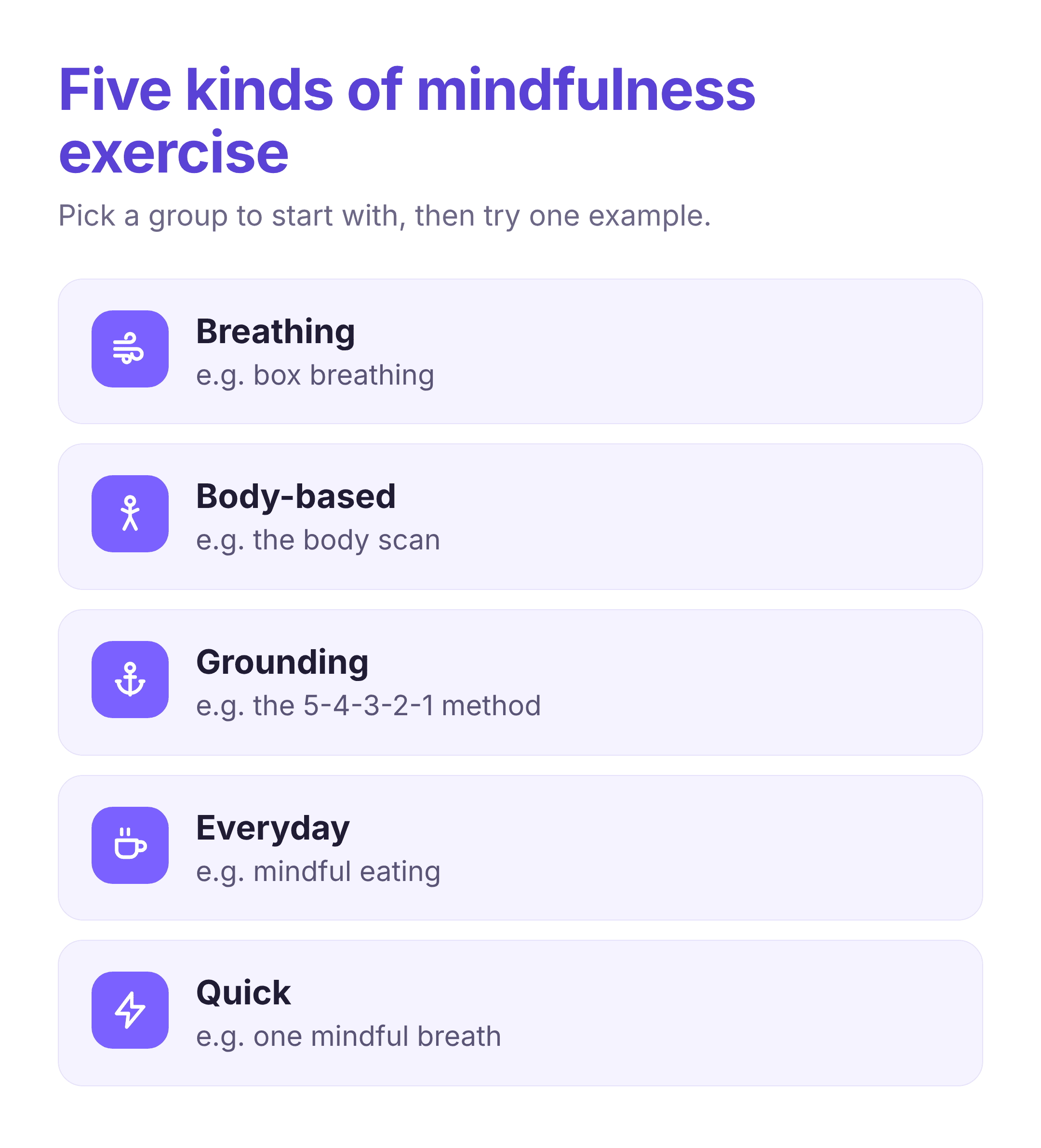 five kinds of mindfulness exercise — breathing, body-based, grounding, everyday, and quick practices