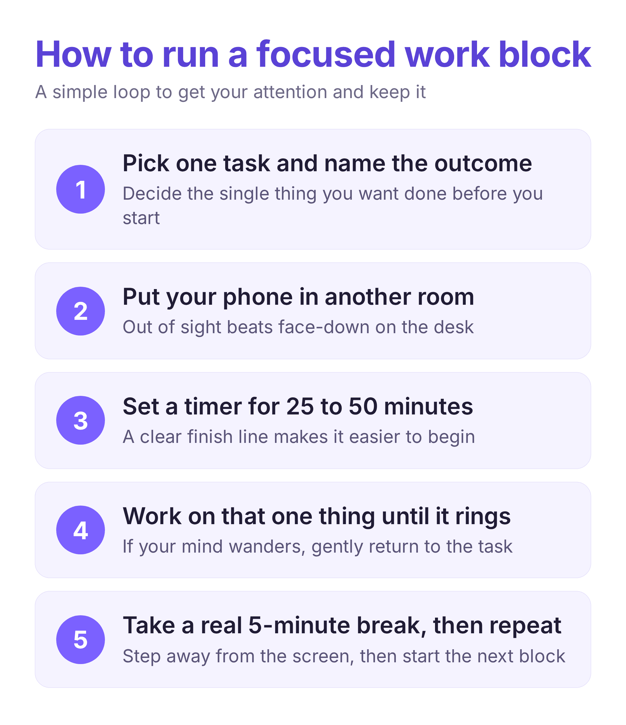 five numbered steps for running a focused work block to improve focus