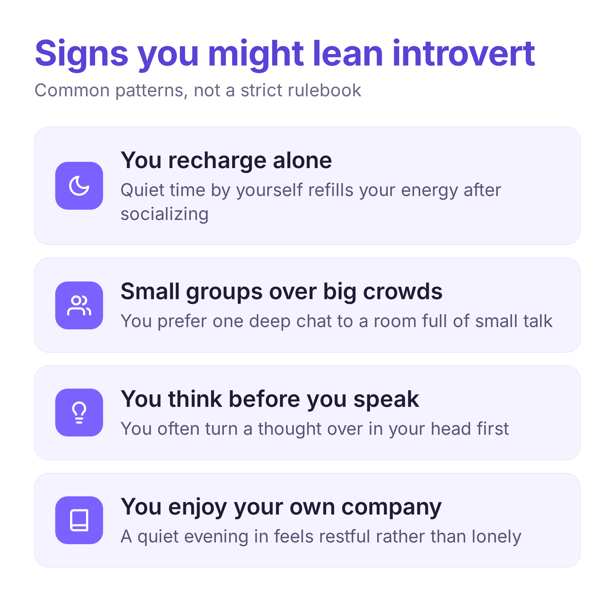 four common signs of an introvert, shown as icon cards