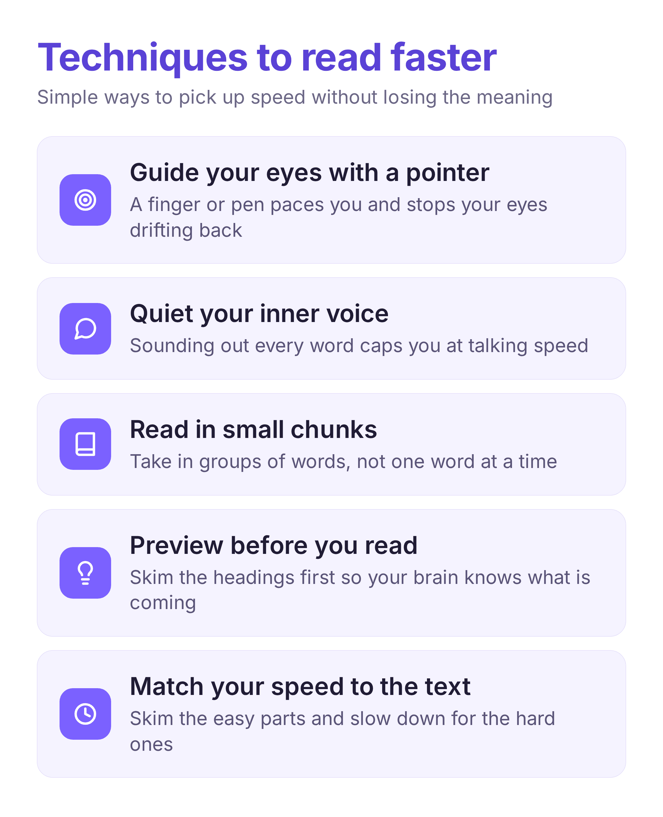 five speed reading techniques to read faster: pacer, quiet inner voice, chunking, previewing, and matching speed to the text
