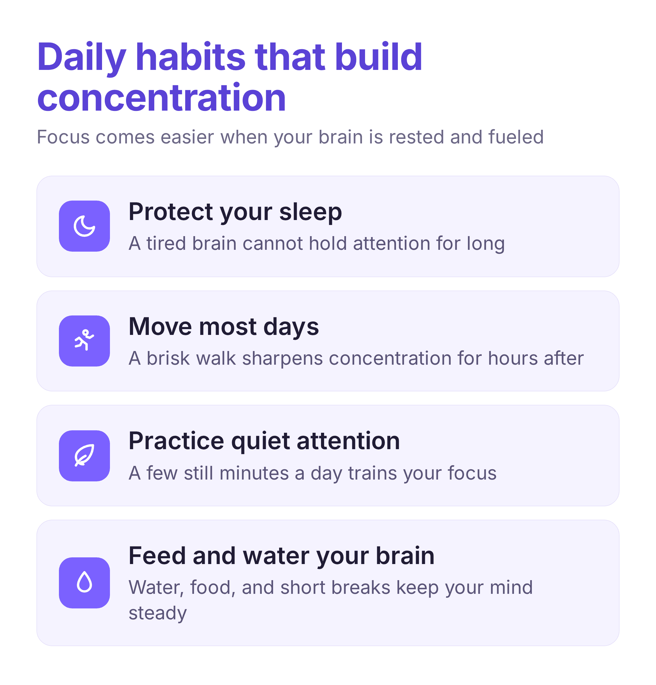 four daily habits that build concentration: sleep, movement, quiet attention, and staying fueled