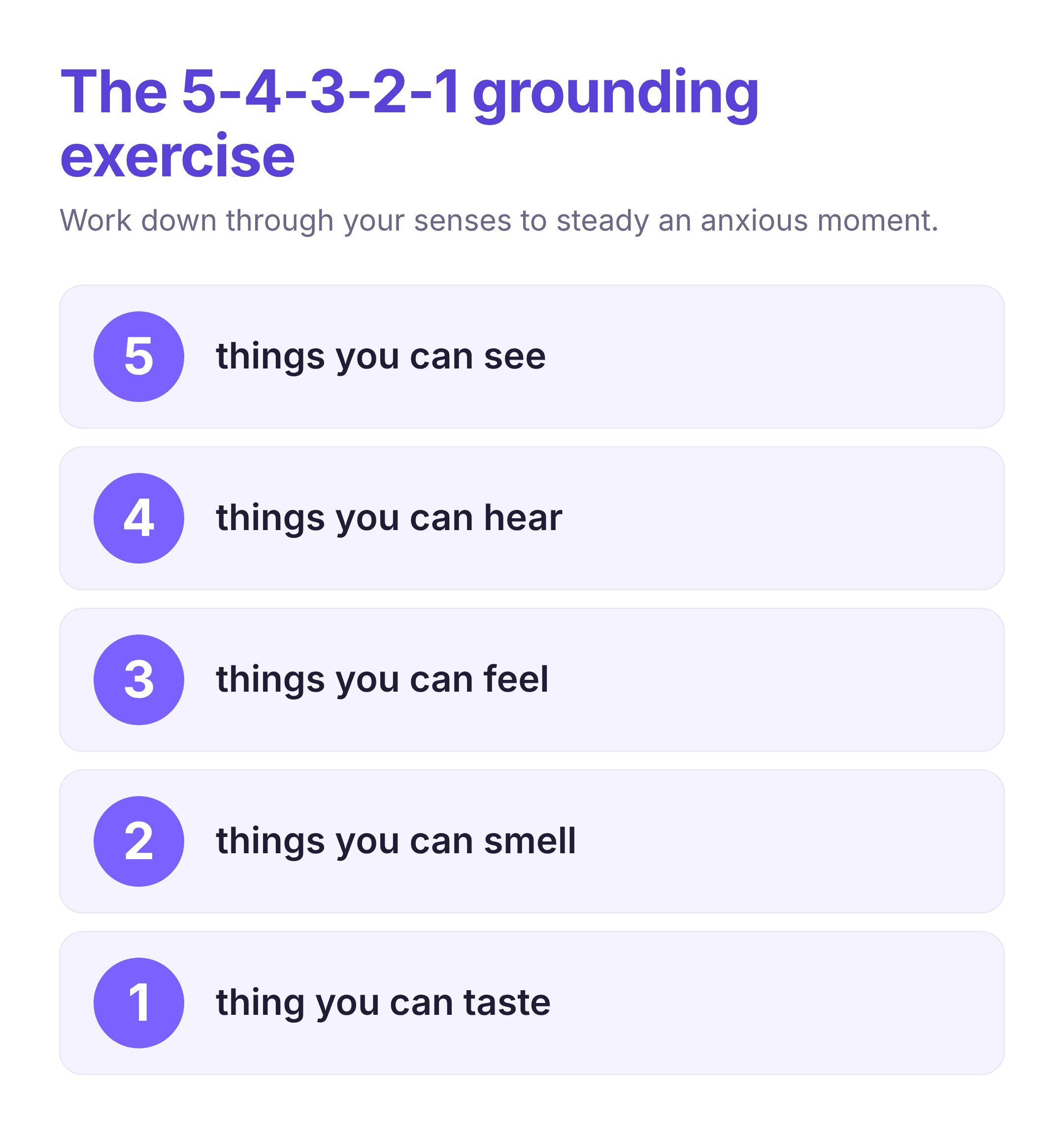 the 5-4-3-2-1 grounding exercise for anxiety, counting down through the five senses