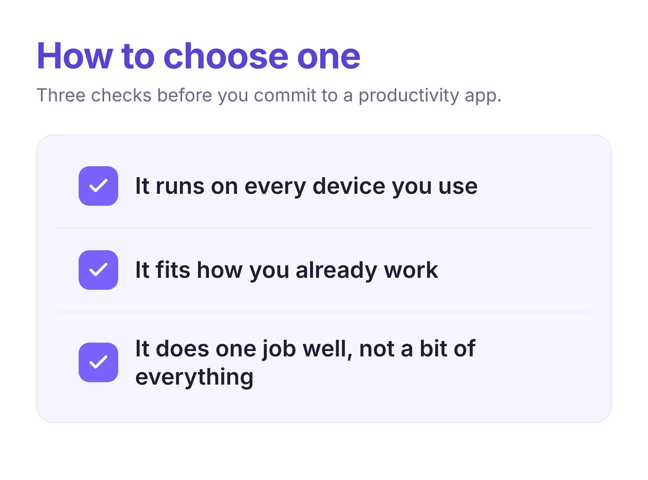 a three-point checklist for choosing the best productivity app for you