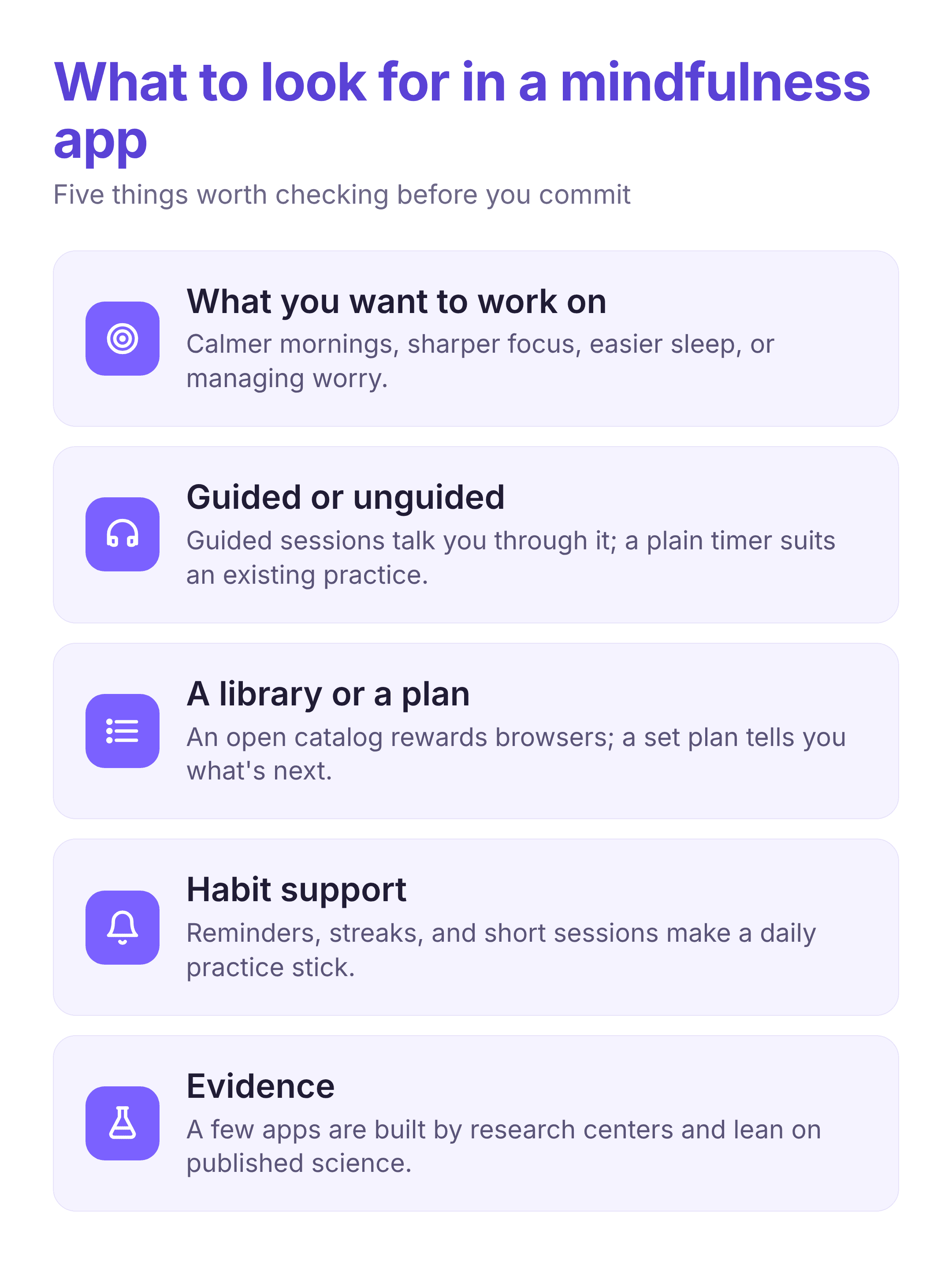 checklist of what to look for in a mindfulness app