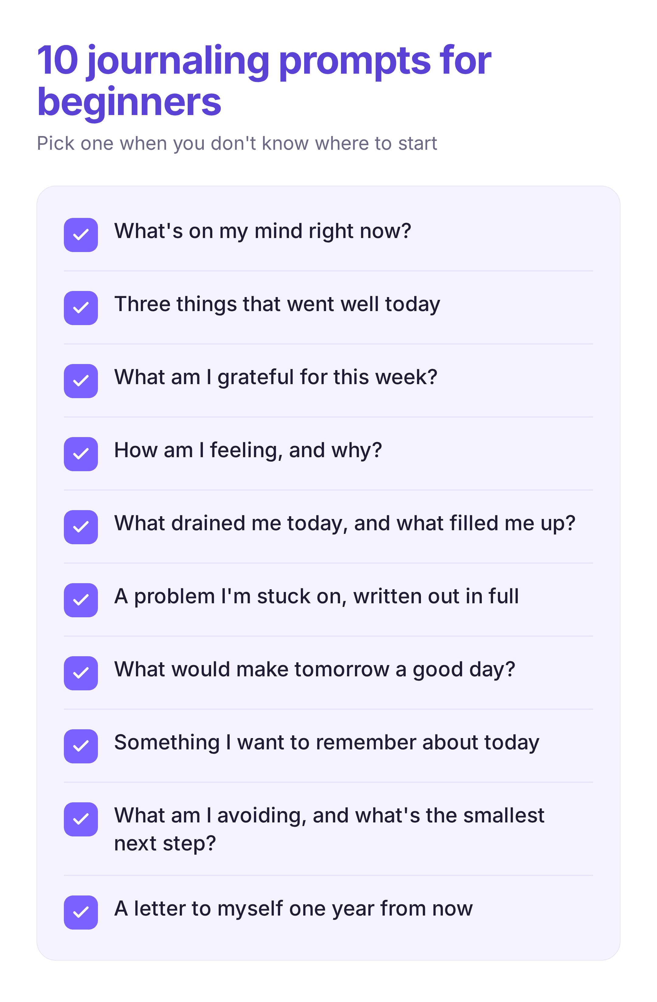 a checklist of ten journaling ideas and prompts for beginners