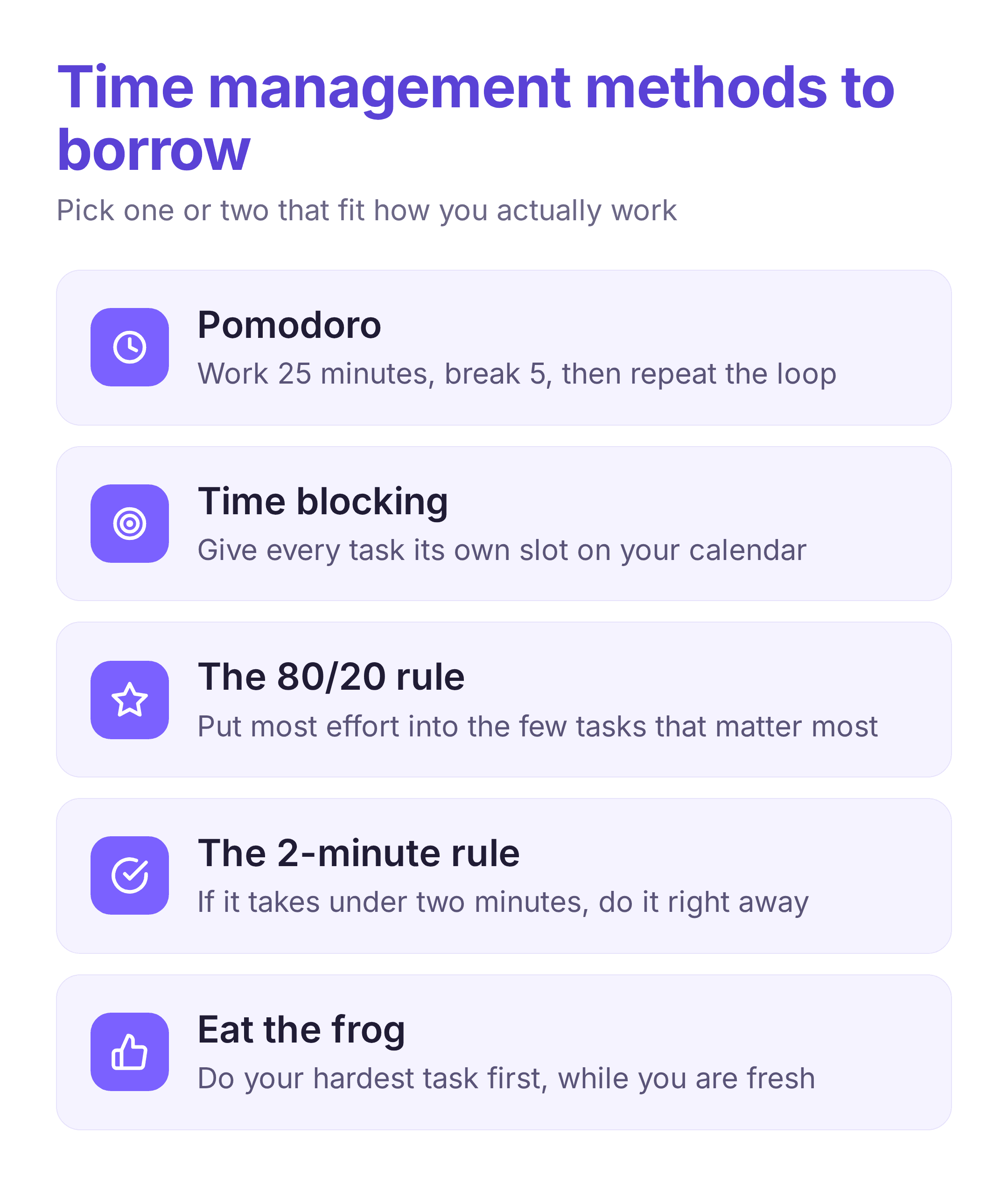 five time management methods to borrow: Pomodoro, time blocking, 80/20, the two-minute rule, and eat the frog