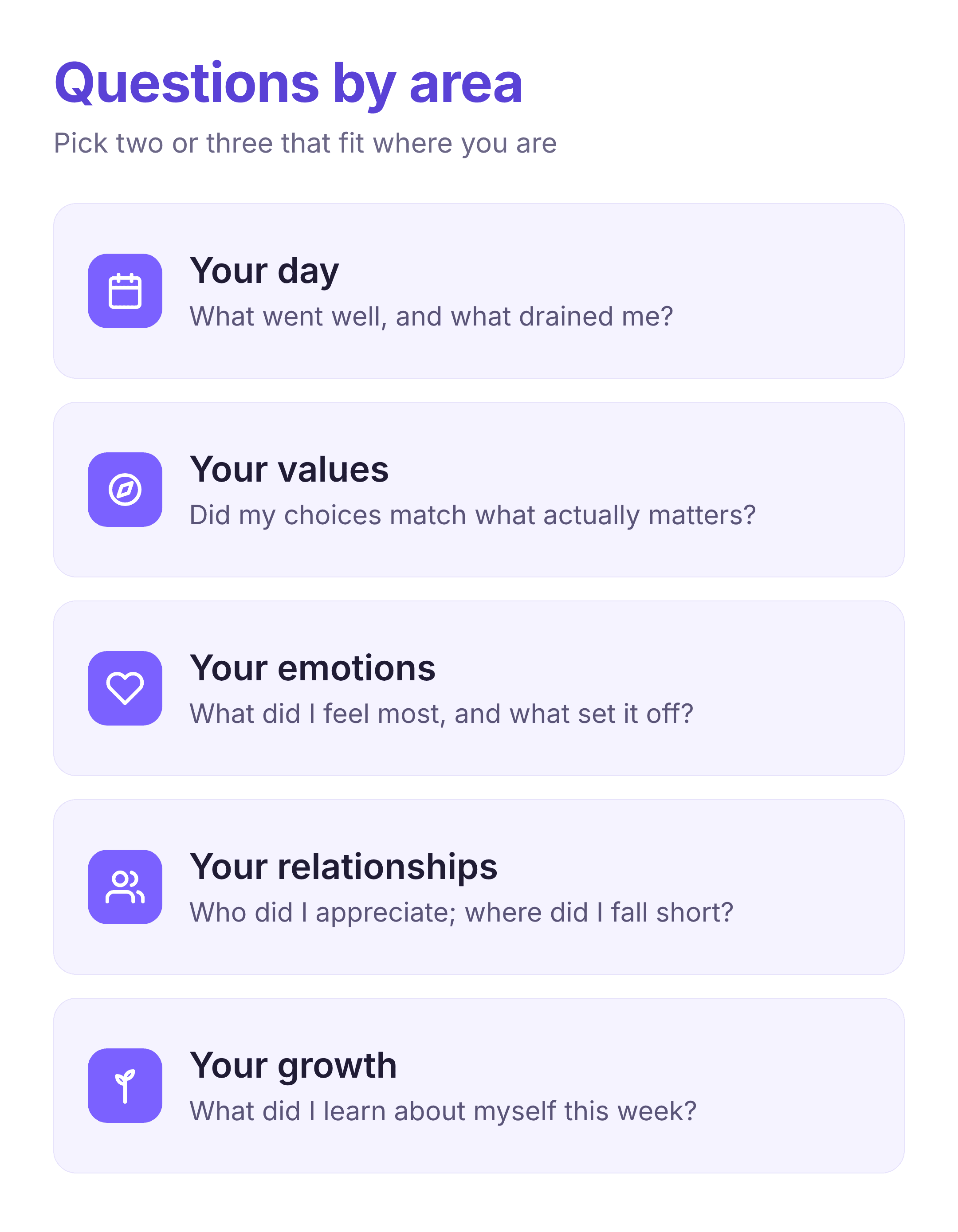 self-reflection questions grouped by area of life
