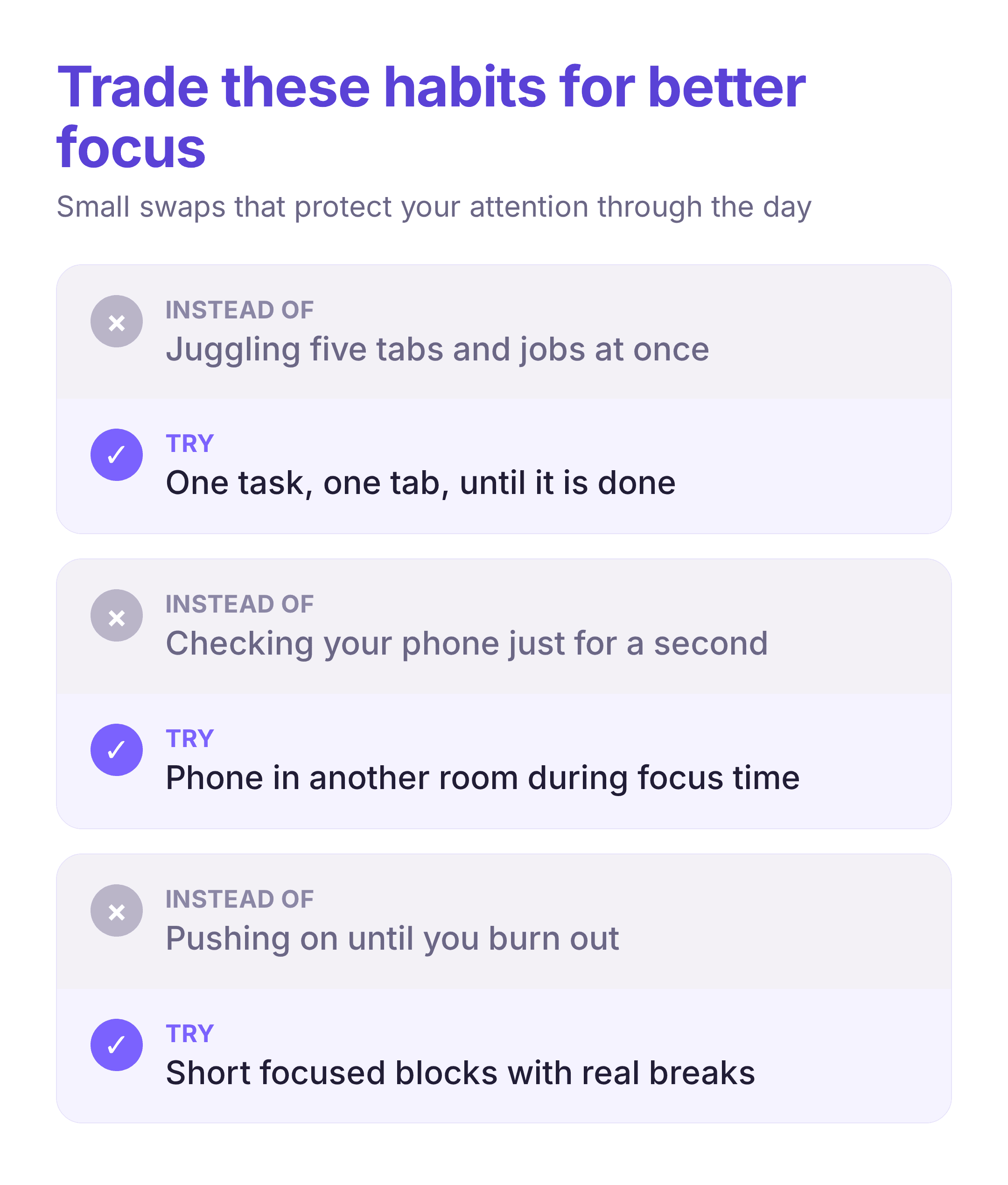 instead-of and try card showing habit swaps that protect focus
