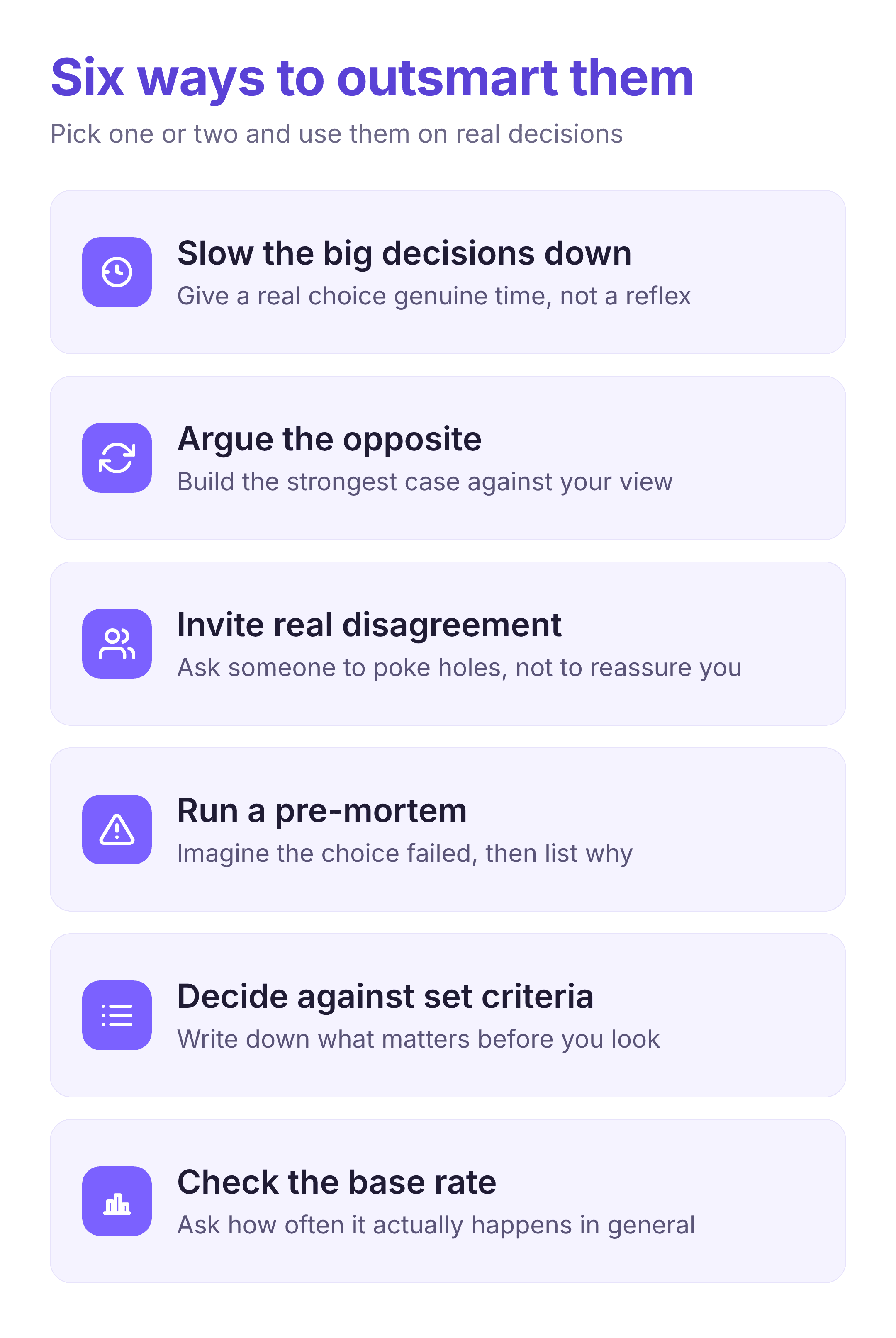 a checklist of six ways to outsmart cognitive biases