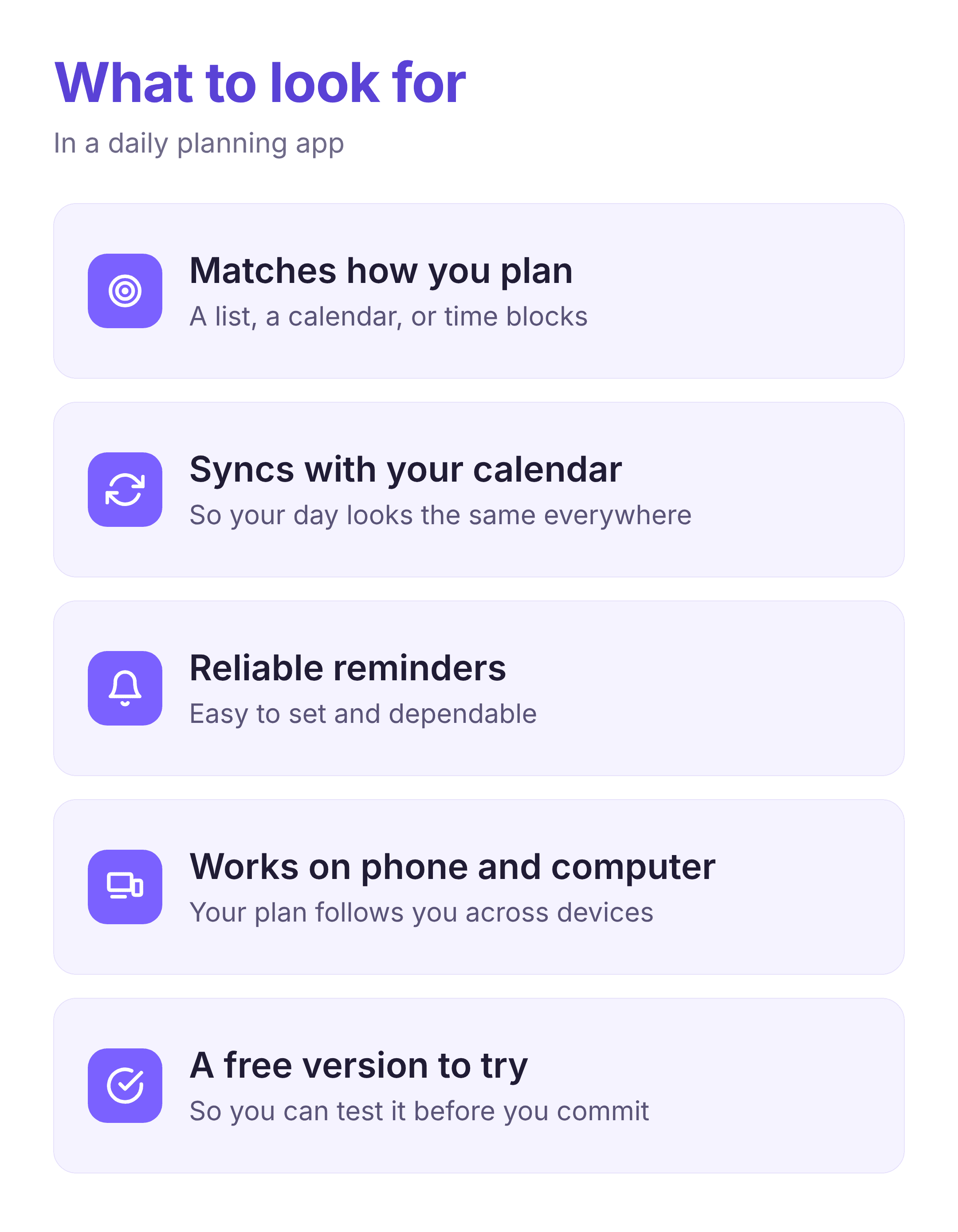 checklist of what to look for in a daily planning app