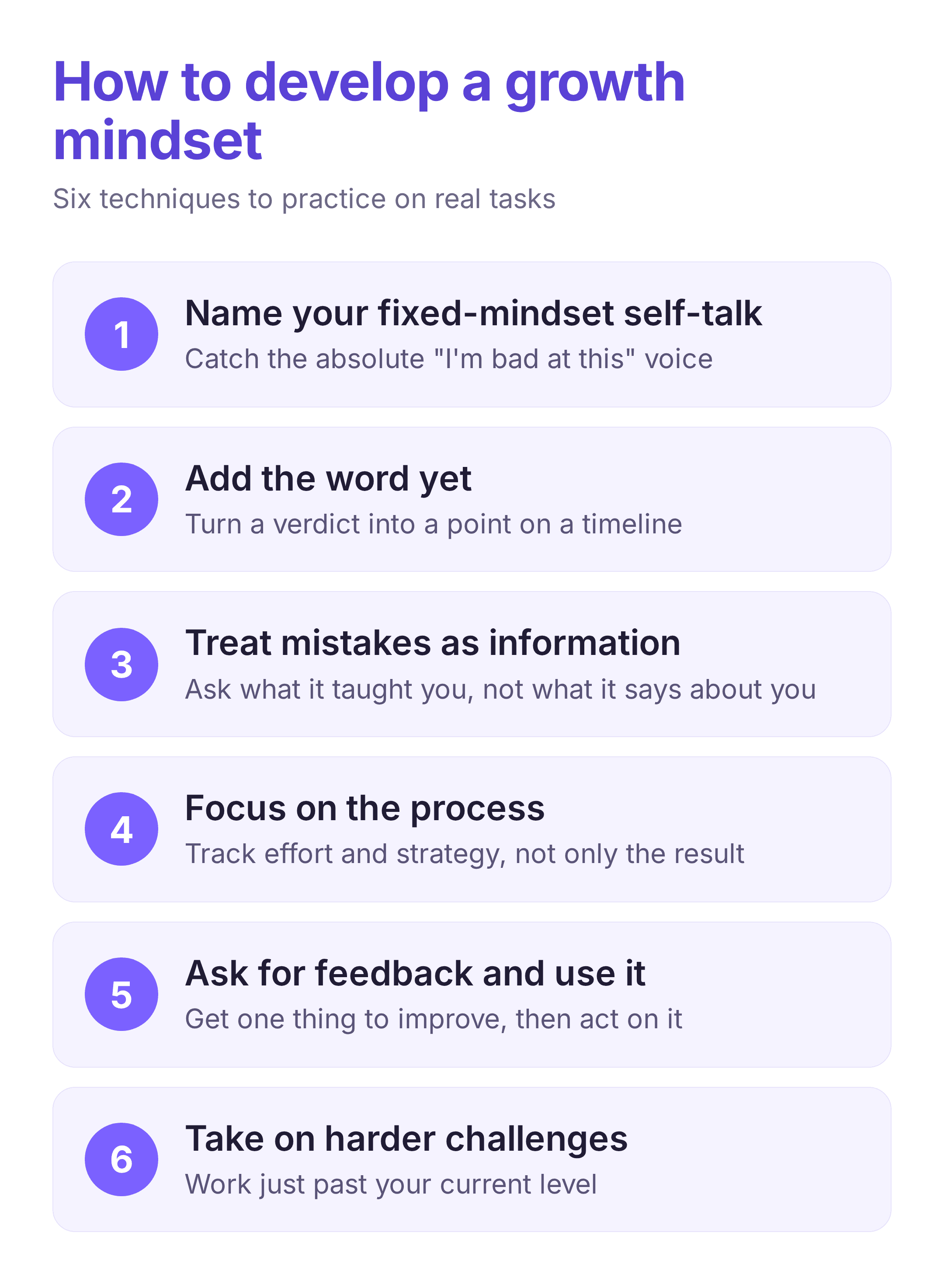 numbered list of six techniques to develop a growth mindset, from naming fixed-mindset self-talk to taking on harder challenges