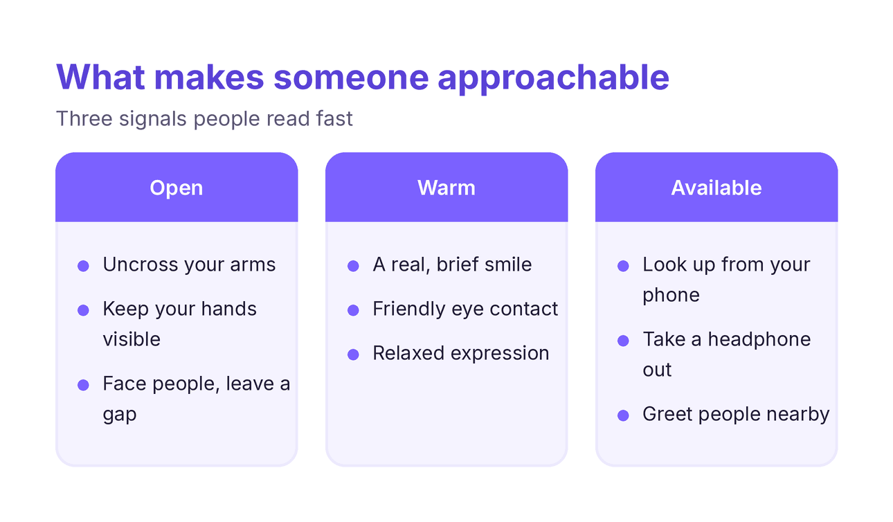 the three signals that make someone approachable — open posture, warmth, and availability