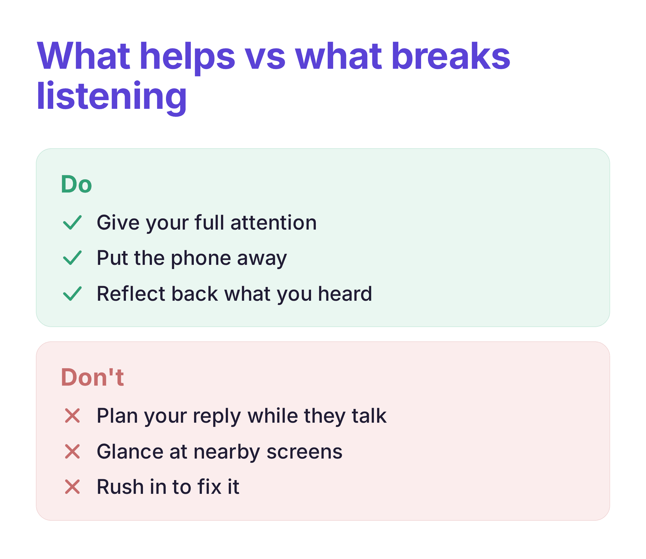 infographic showing habits that hurt listening skills and what to do instead