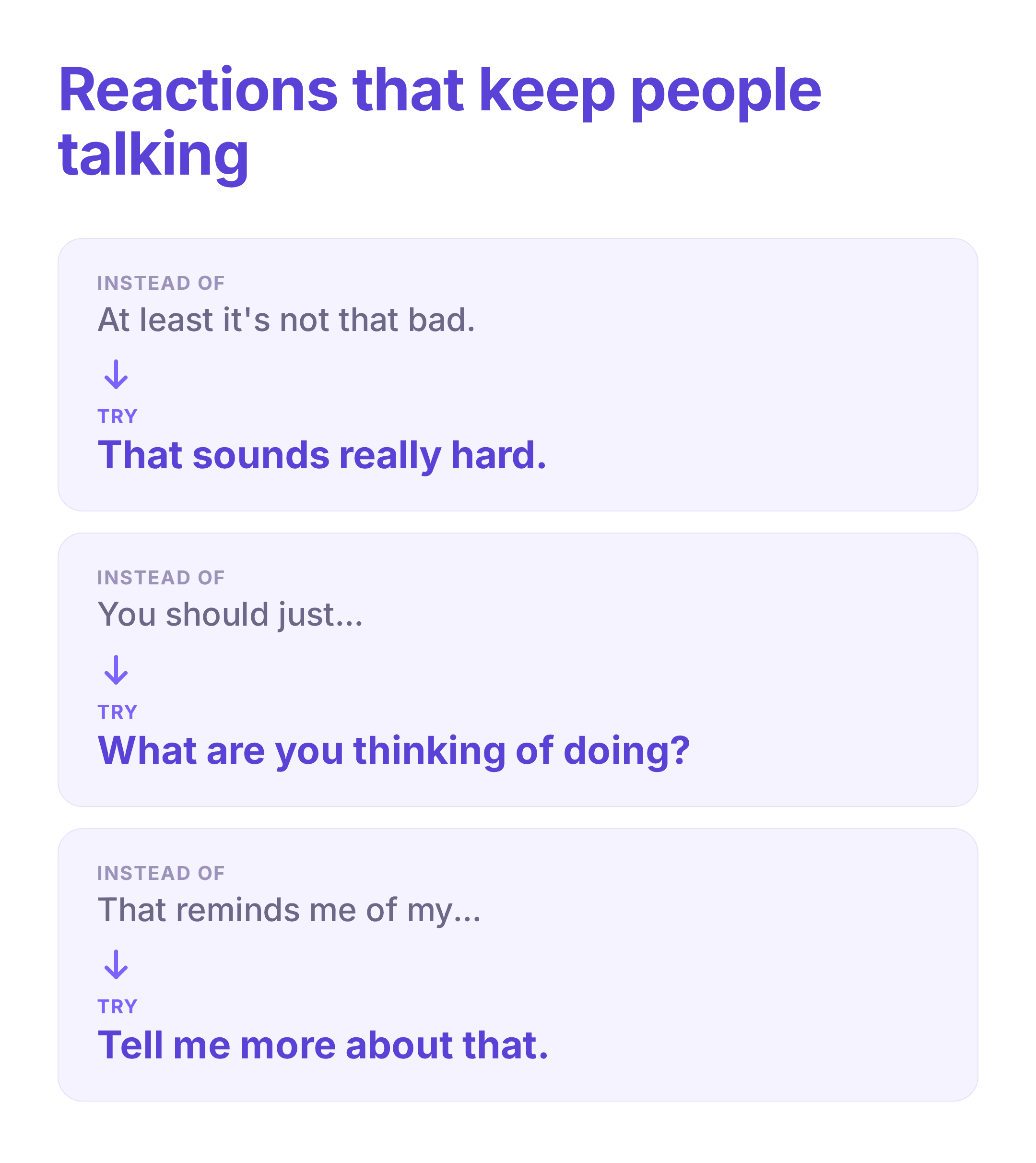 instead-of-say chart with better listening responses — swapping conversation-stoppers for open, supportive replies