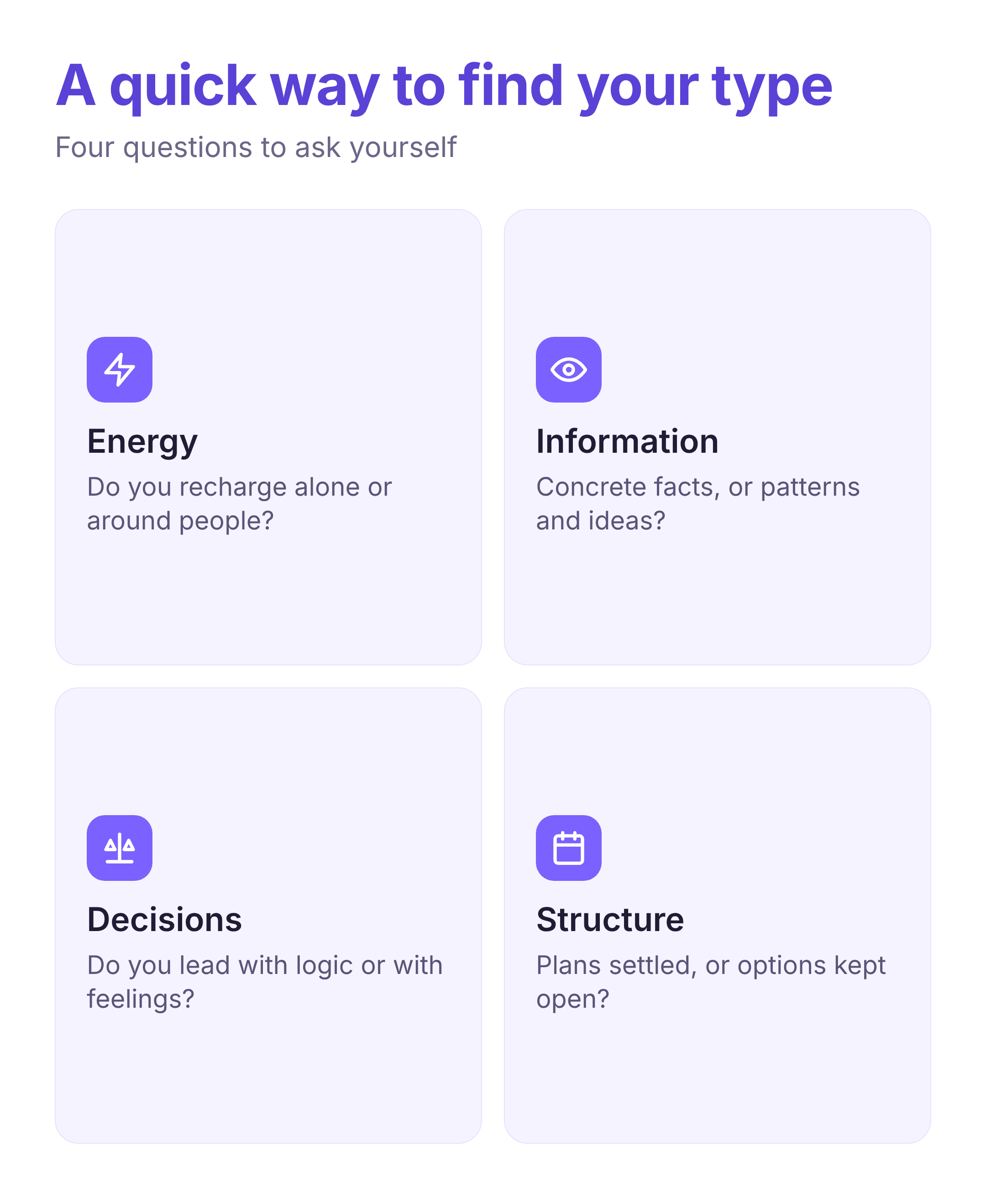 quick self-check to find your personality type, four questions on energy information decisions and structure