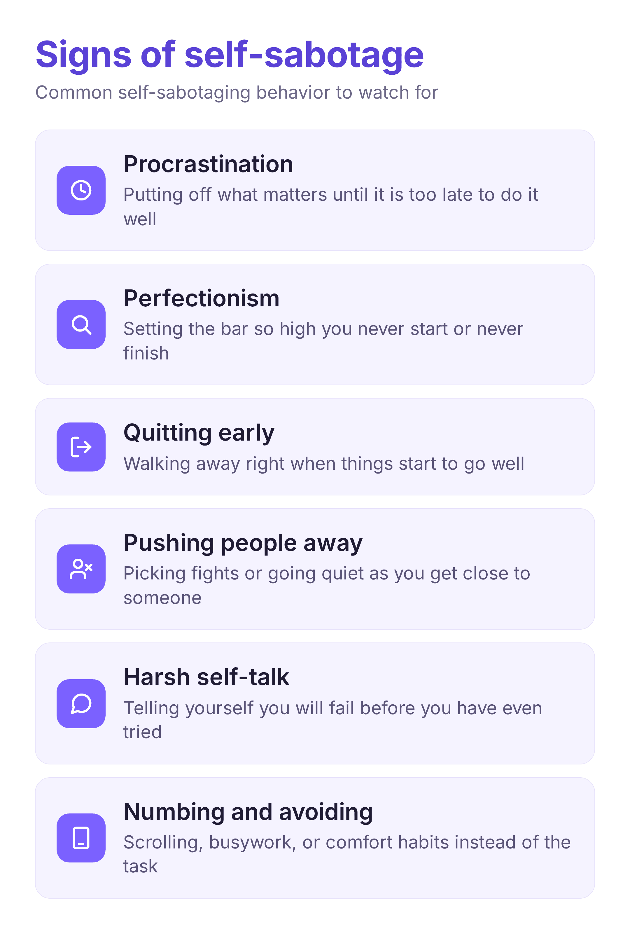 signs of self-sabotage including procrastination, perfectionism, quitting early, and harsh self-talk