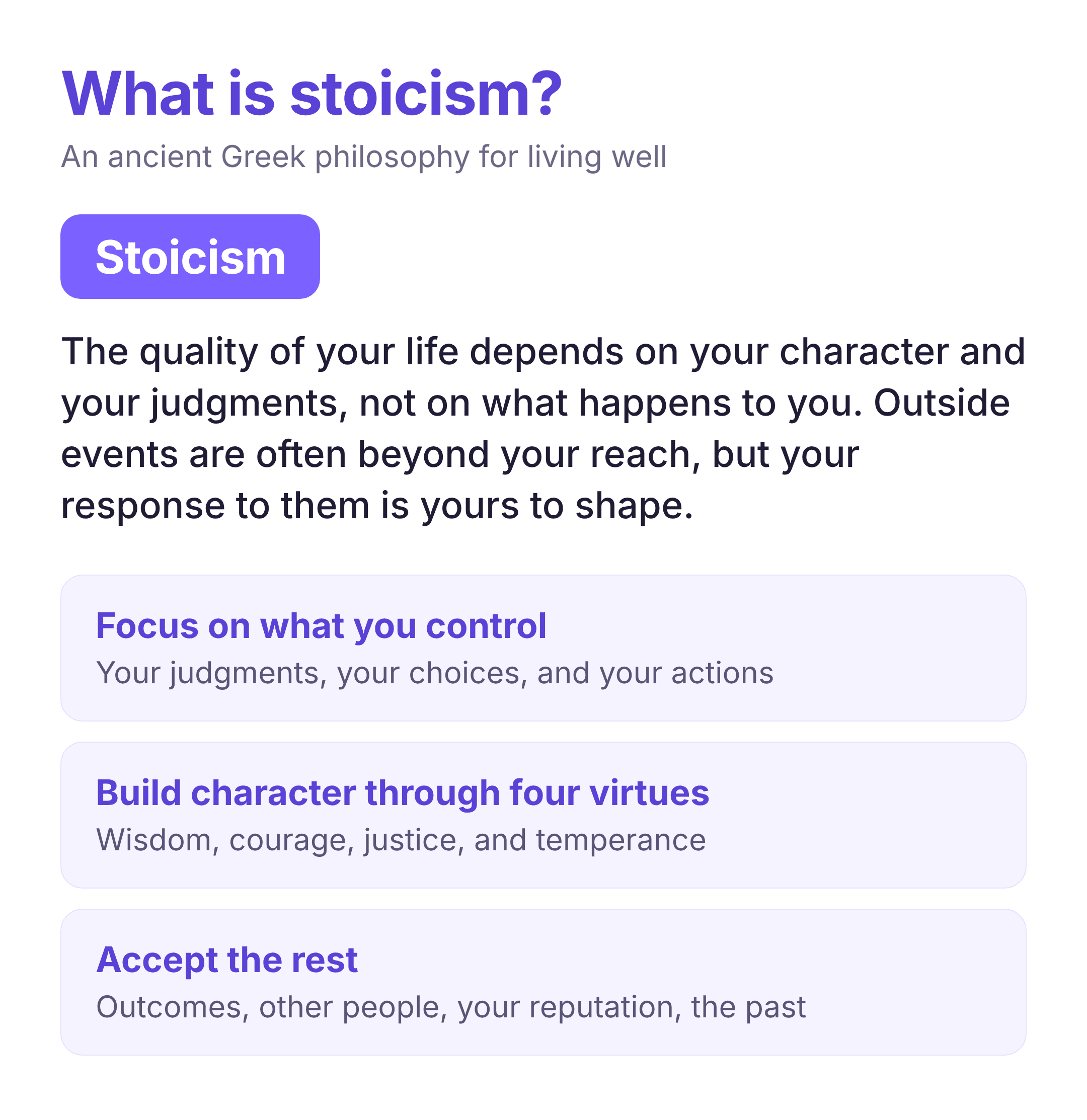 stoicism definition — an ancient Greek philosophy of focusing on what you control