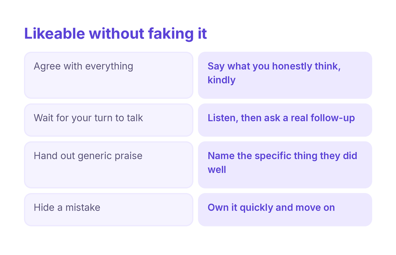how to be more likeable without being fake — genuine habits versus performing