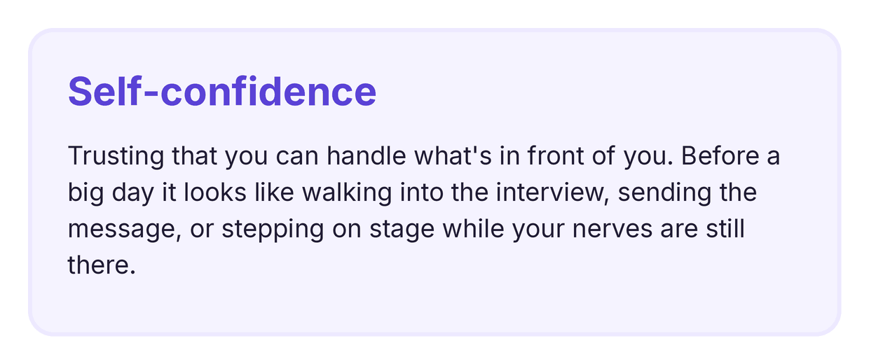 definition card explaining what self-confidence means before a big day