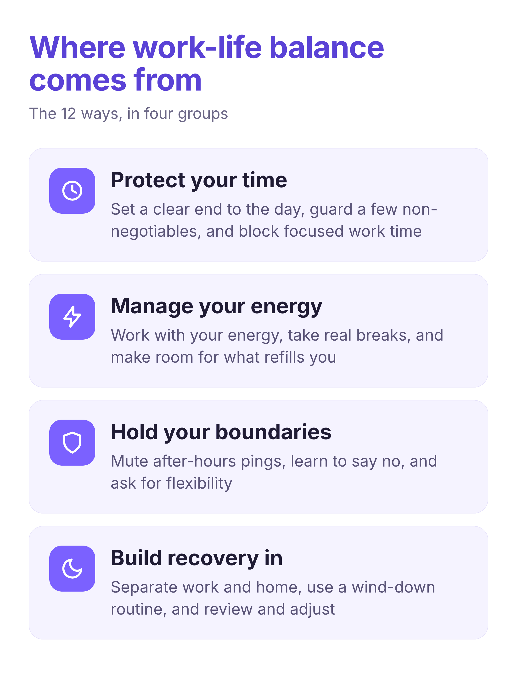 the sources of work life balance, grouped into time, energy, boundaries, and recovery